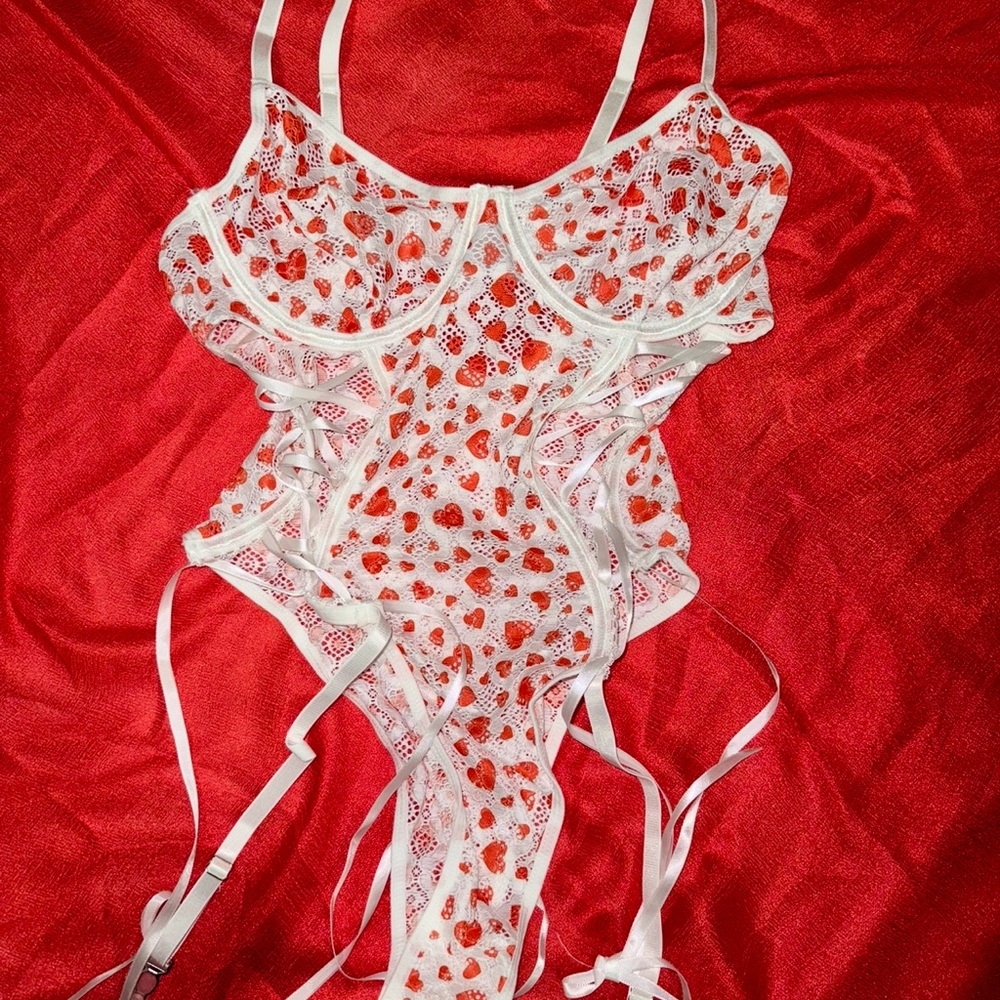 White and Red Heart Lace Bodysuit
